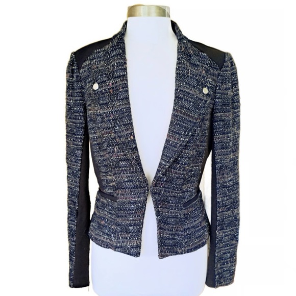 🖤WHBM Black Blue Gray Multi-Color Tweed Panel Moto Blazer Women’s Size 8 - Picture 15 of 15